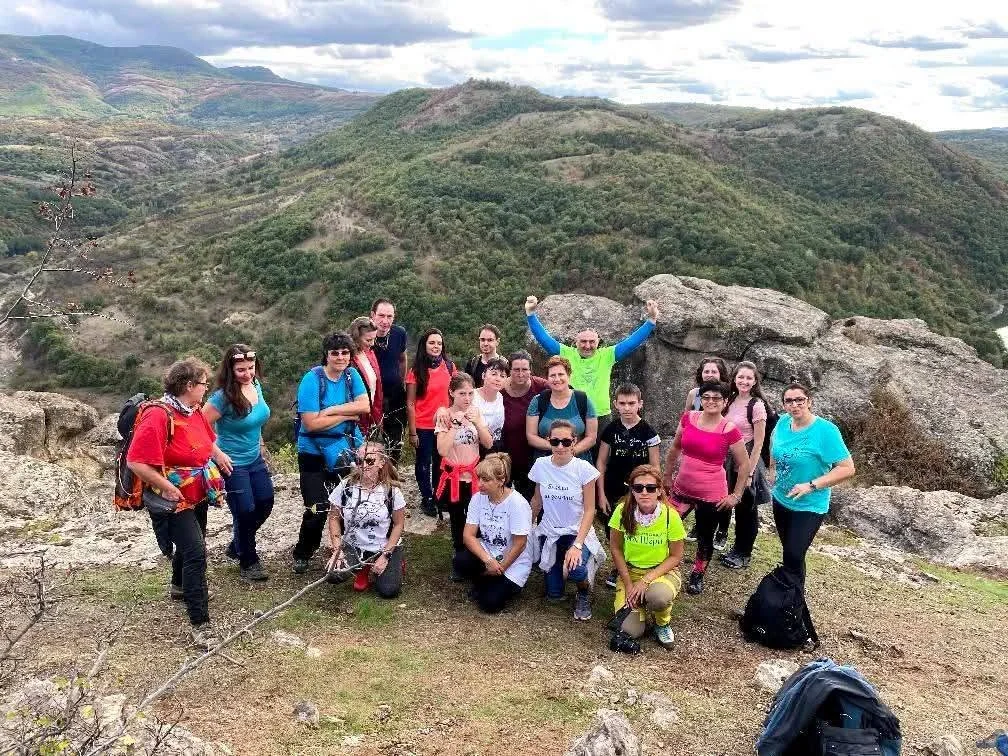 Hikers among rock formations